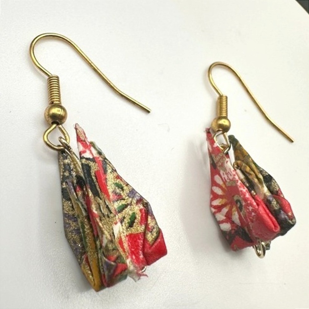 Vintage Origami Paper Crane Earrings Gold Tone Red Washi Dangle Asian Boho Y2K